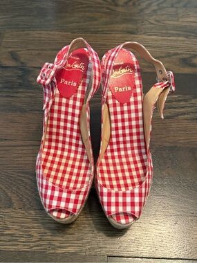 Christian Louboutin Red & White Gingham Slingback Wedges
